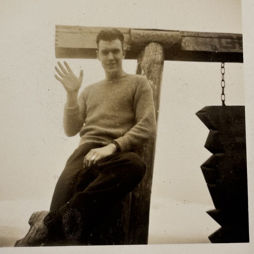 Vintage 1940s Photo Handsome Man Snapshot Gay Interest B&W Fashion Sweater Wave